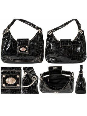 Black Patent Crocodile Embossed Hobo Shoulder Handbag with Silver Tone Hardware